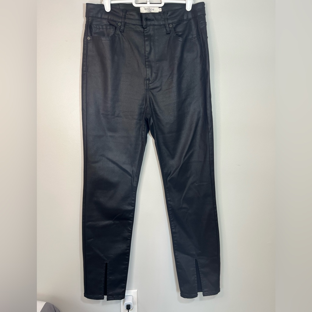 Hidden Black Shiny High Waist Straight Leg Front Slit Pants Women’s Size 31